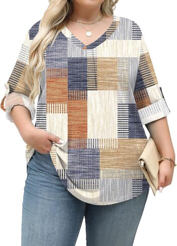 TFSDOD Plus Size Women Blouses 3/4 Sleeve Long Sleeve V Neck T Shirts Summer Business Casual 1X-5X in Kuwait