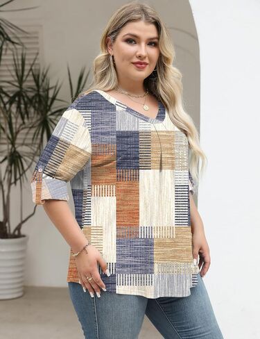 TFSDOD Plus Size Women Blouses 3/4 Sleeve Long Sleeve V Neck T Shirts Summer Business Casual 1X-5X in Kuwait