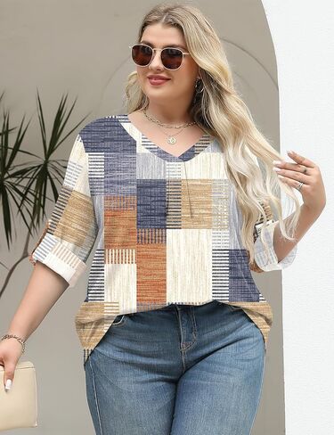 TFSDOD Plus Size Women Blouses 3/4 Sleeve Long Sleeve V Neck T Shirts Summer Business Casual 1X-5X in Kuwait