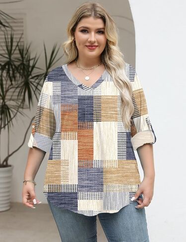 TFSDOD Plus Size Women Blouses 3/4 Sleeve Long Sleeve V Neck T Shirts Summer Business Casual 1X-5X in Kuwait