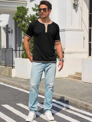 Makkrom Mens Henley قمصان قصيرة الأكمام غير الرسمية الصيفية الأساسية T ercts button butting خمر خفيفة الوزن قمم Tee Tops in Kuwait