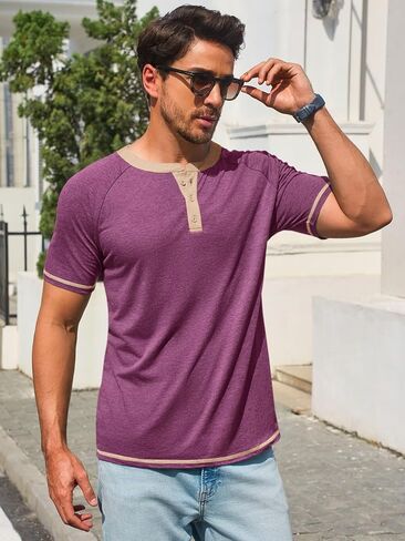 Makkrom Mens Henley قمصان قصيرة الأكمام غير الرسمية الصيفية الأساسية T ercts button butting خمر خفيفة الوزن قمم Tee Tops in Kuwait