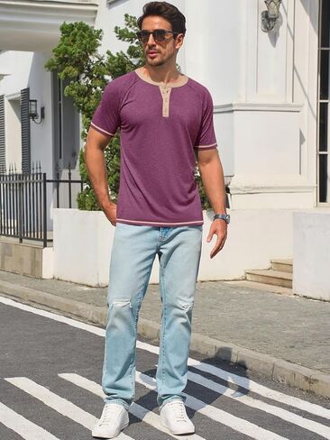 Makkrom Mens Henley قمصان قصيرة الأكمام غير الرسمية الصيفية الأساسية T ercts button butting خمر خفيفة الوزن قمم Tee Tops in Kuwait