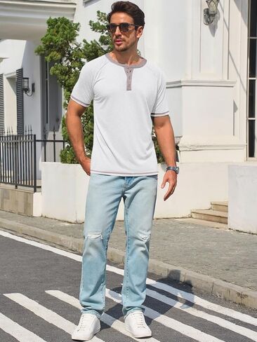 Makkrom Mens Henley قمصان قصيرة الأكمام غير الرسمية الصيفية الأساسية T ercts button butting خمر خفيفة الوزن قمم Tee Tops in Kuwait