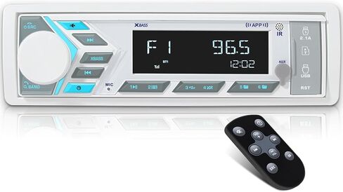 ستيريو بلوتوث بحري مفرد Din - مستقبل راديو القارب - شاشة LCD رقمية AM FM USB 2.1 A شحن AUX-in 4 فولت مخارج Preamp 2 منافذ مضخم صوت للتحكم عن بعد in Kuwait