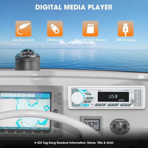 ستيريو بلوتوث بحري مفرد Din - مستقبل راديو القارب - شاشة LCD رقمية AM FM USB 2.1 A شحن AUX-in 4 فولت مخارج Preamp 2 منافذ مضخم صوت للتحكم عن بعد in Kuwait