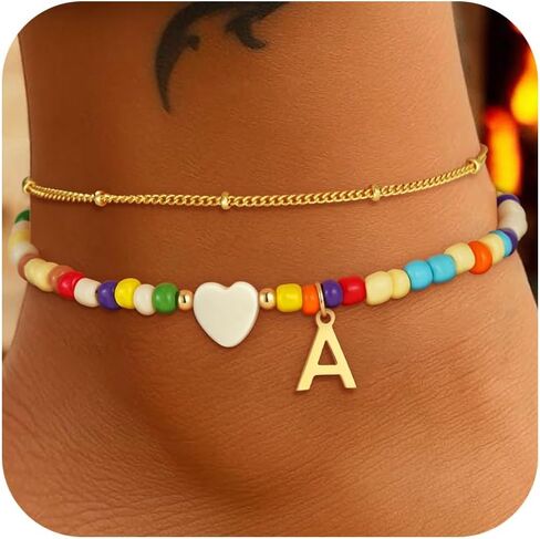 Colorful Initial Ankle Bracelets for Women - 14K Gold Plated Layered Heart Initial Anklets Bracelet Dainty A - Z Letter Ankle Bracelet Colorful Layered Anklet Bracelet for Women in Kuwait
