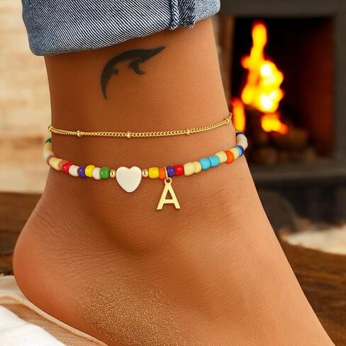 Colorful Initial Ankle Bracelets for Women - 14K Gold Plated Layered Heart Initial Anklets Bracelet Dainty A - Z Letter Ankle Bracelet Colorful Layered Anklet Bracelet for Women in Kuwait