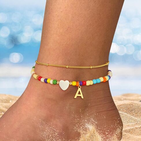 Colorful Initial Ankle Bracelets for Women - 14K Gold Plated Layered Heart Initial Anklets Bracelet Dainty A - Z Letter Ankle Bracelet Colorful Layered Anklet Bracelet for Women in Kuwait