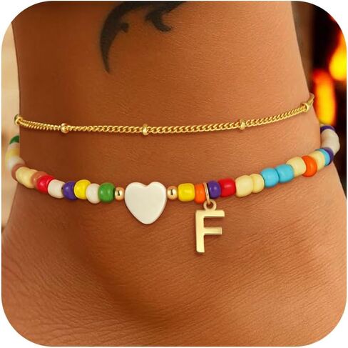 Colorful Initial Ankle Bracelets for Women - 14K Gold Plated Layered Heart Initial Anklets Bracelet Dainty A - Z Letter Ankle Bracelet Colorful Layered Anklet Bracelet for Women in Kuwait