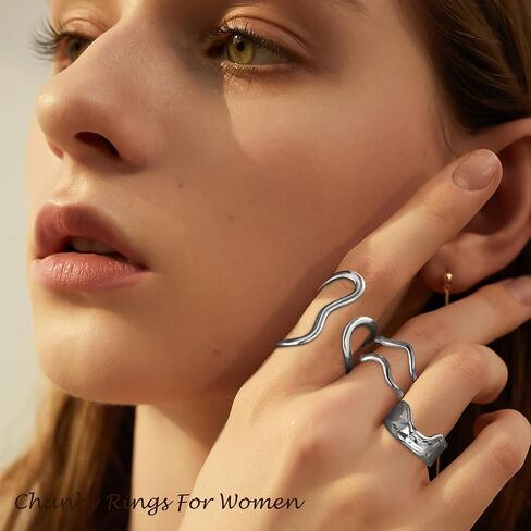 Chunky Gold Rings For Women Asymmetrical Wavy Curve Thumb Ring Irregular Open Thick Statement Rings Adjustable Silver Stainless Steel Ring Non Tarnish in Saudi Arabia