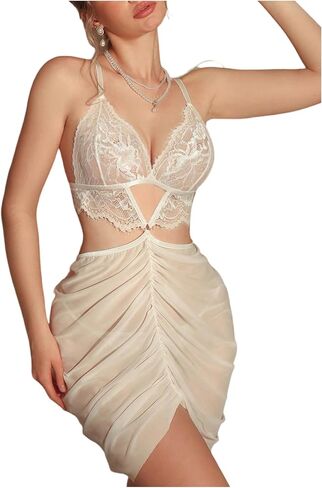 Oyoangle Women's 2 قطعة من الدانتيل الصلبة الحزام حزام Bra Mesh Fruck Dress in Saudi Arabia