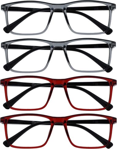 نظارات قراءة الحبر من OPULIZE، 3 عبوات بإطار مستطيل كبير أسود رمادي داكن أحمر مفصلات زنبركية مقاومة للخدش للرجال والنساء RRR4-17Z +1.50 in Kuwait