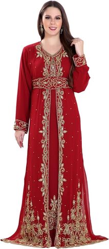 Kaftan for Women Georgette Red Abaya Kaftan Moroccan Hand Beaded Caftan Farasha Dubai Jalabiya Arabic Dress by ZARDOZI Art in Saudi Arabia