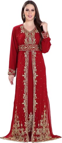 Kaftan for Women Georgette Red Abaya Kaftan Moroccan Hand Beaded Caftan Farasha Dubai Jalabiya Arabic Dress by ZARDOZI Art in Saudi Arabia