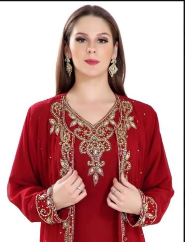 Kaftan for Women Georgette Red Abaya Kaftan Moroccan Hand Beaded Caftan Farasha Dubai Jalabiya Arabic Dress by ZARDOZI Art in Saudi Arabia