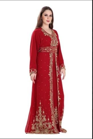 Kaftan for Women Georgette Red Abaya Kaftan Moroccan Hand Beaded Caftan Farasha Dubai Jalabiya Arabic Dress by ZARDOZI Art in Saudi Arabia