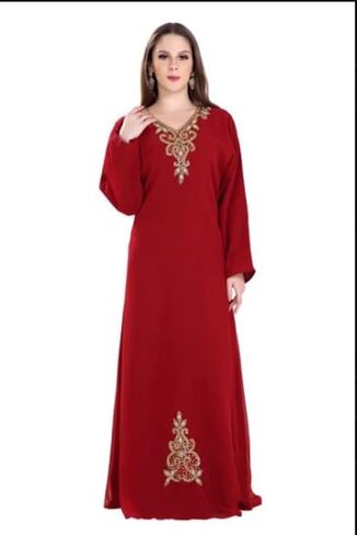 Kaftan for Women Georgette Red Abaya Kaftan Moroccan Hand Beaded Caftan Farasha Dubai Jalabiya Arabic Dress by ZARDOZI Art in Saudi Arabia