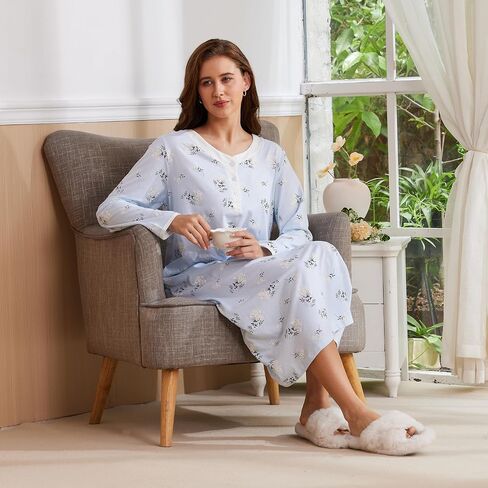 Keyocean Cotton Nightgowns for Women, Soft Comfy Long Sleeve Sleepwear House Dress for Sleeping Lounging in Kuwait