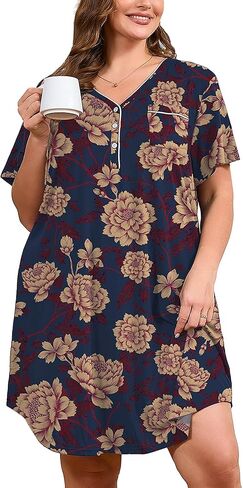AusLook Plus Nightgowns for Women Short Sleeve Button Down V Neck House T-shirt Dress Loose Maternity Nightshirt Pajamas1-5X in Saudi Arabia