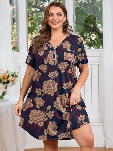 AusLook Plus Nightgowns for Women Short Sleeve Button Down V Neck House T-shirt Dress Loose Maternity Nightshirt Pajamas1-5X in Saudi Arabia