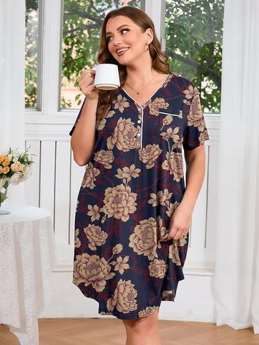 AusLook Plus Nightgowns for Women Short Sleeve Button Down V Neck House T-shirt Dress Loose Maternity Nightshirt Pajamas1-5X in Saudi Arabia