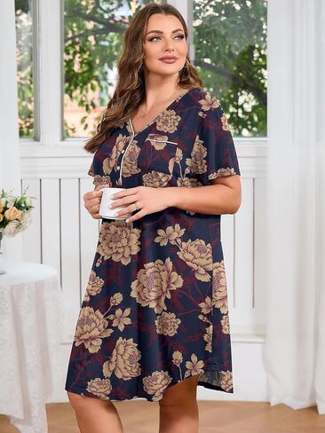 AusLook Plus Nightgowns for Women Short Sleeve Button Down V Neck House T-shirt Dress Loose Maternity Nightshirt Pajamas1-5X in Saudi Arabia
