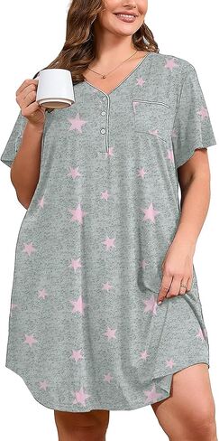 AusLook Plus Nightgowns for Women Short Sleeve Button Down V Neck House T-shirt Dress Loose Maternity Nightshirt Pajamas1-5X in Saudi Arabia