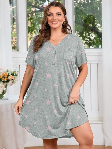 AusLook Plus Nightgowns for Women Short Sleeve Button Down V Neck House T-shirt Dress Loose Maternity Nightshirt Pajamas1-5X in Saudi Arabia