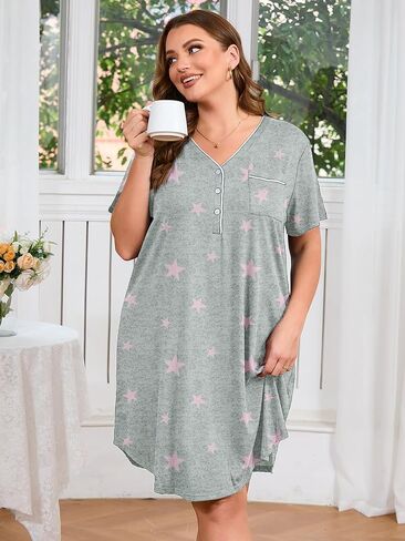 AusLook Plus Nightgowns for Women Short Sleeve Button Down V Neck House T-shirt Dress Loose Maternity Nightshirt Pajamas1-5X in Saudi Arabia