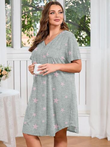 AusLook Plus Nightgowns for Women Short Sleeve Button Down V Neck House T-shirt Dress Loose Maternity Nightshirt Pajamas1-5X in Saudi Arabia