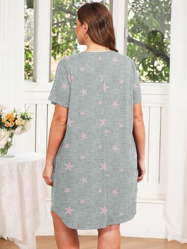 AusLook Plus Nightgowns for Women Short Sleeve Button Down V Neck House T-shirt Dress Loose Maternity Nightshirt Pajamas1-5X in Saudi Arabia