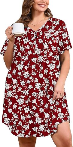 AusLook Plus Nightgowns for Women Short Sleeve Button Down V Neck House T-shirt Dress Loose Maternity Nightshirt Pajamas1-5X in Saudi Arabia