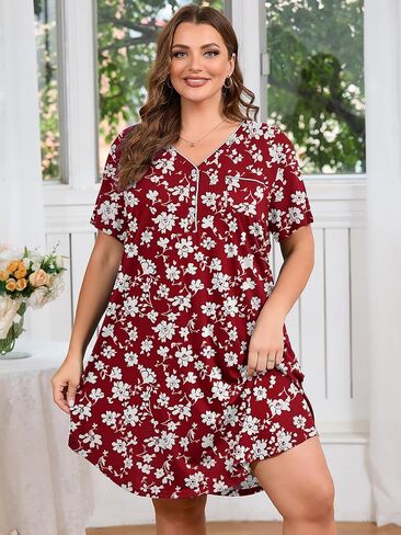 AusLook Plus Nightgowns for Women Short Sleeve Button Down V Neck House T-shirt Dress Loose Maternity Nightshirt Pajamas1-5X in Saudi Arabia