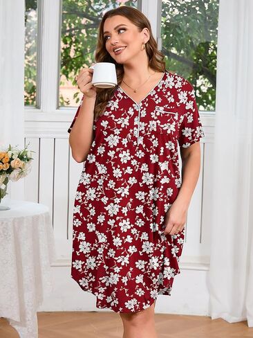 AusLook Plus Nightgowns for Women Short Sleeve Button Down V Neck House T-shirt Dress Loose Maternity Nightshirt Pajamas1-5X in Saudi Arabia