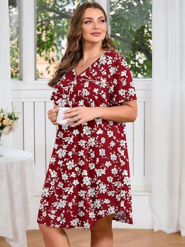 AusLook Plus Nightgowns for Women Short Sleeve Button Down V Neck House T-shirt Dress Loose Maternity Nightshirt Pajamas1-5X in Saudi Arabia
