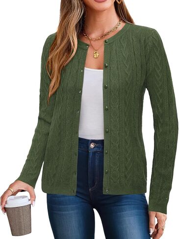 Arach&Cloz Women's 2024 Cable Knit Cardigan Long Sleeve Button Down Casual Sweater Lightweight Crew Neck Soft Fall Tops in Kuwait