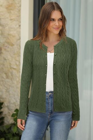 Arach&Cloz Women's 2024 Cable Knit Cardigan Long Sleeve Button Down Casual Sweater Lightweight Crew Neck Soft Fall Tops in Kuwait