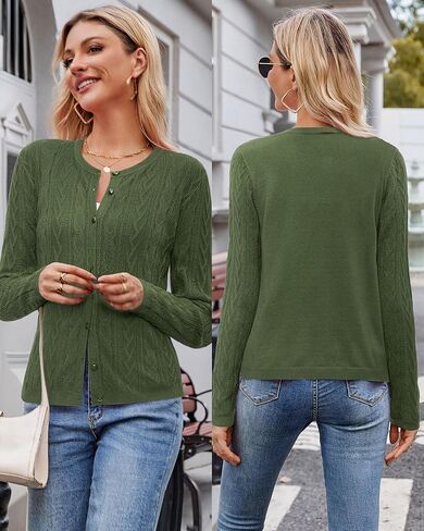 Arach&Cloz Women's 2024 Cable Knit Cardigan Long Sleeve Button Down Casual Sweater Lightweight Crew Neck Soft Fall Tops in Kuwait