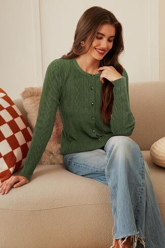 Arach&Cloz Women's 2024 Cable Knit Cardigan Long Sleeve Button Down Casual Sweater Lightweight Crew Neck Soft Fall Tops in Kuwait