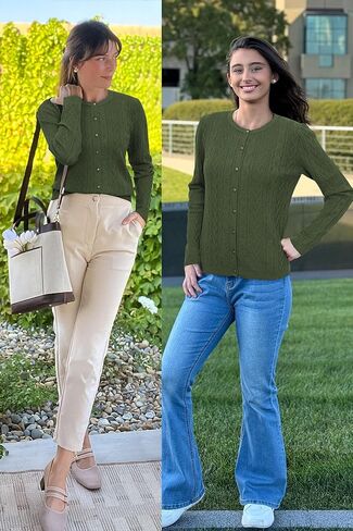 Arach&Cloz Women's 2024 Cable Knit Cardigan Long Sleeve Button Down Casual Sweater Lightweight Crew Neck Soft Fall Tops in Kuwait