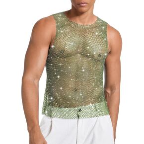 Rhinestones Rave Outfits, Sparkly Mesh Tank Tops, Men's Sexy Sheer Fishnet Shirt for Music Festival in Saudi Arabia