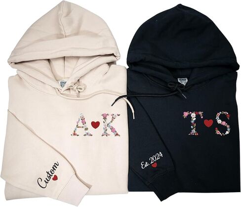 Custom Embroidered Couple Hoodie, Matching Hoodie, Floral Initials Design, Gift for Valentine's, Wedding, Christmas in Kuwait