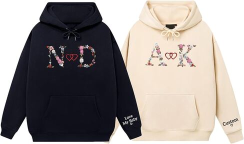 Custom Embroidered Couple Hoodie, Matching Hoodie, Floral Initials Design, Gift for Valentine's, Wedding, Christmas in Kuwait
