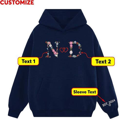 Custom Embroidered Couple Hoodie, Matching Hoodie, Floral Initials Design, Gift for Valentine's, Wedding, Christmas in Kuwait