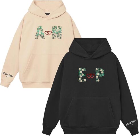Custom Embroidered Couple Hoodie, Matching Hoodie, Floral Initials Design, Gift for Valentine's, Wedding, Christmas in Kuwait