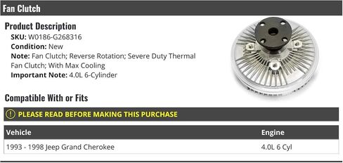 Severe Duty Thermal Fan Clutch - Compatible with 1993-1998 Jeep Grand Cherokee 4.0L 6-Cylinder (with Max Cooling) in Saudi Arabia