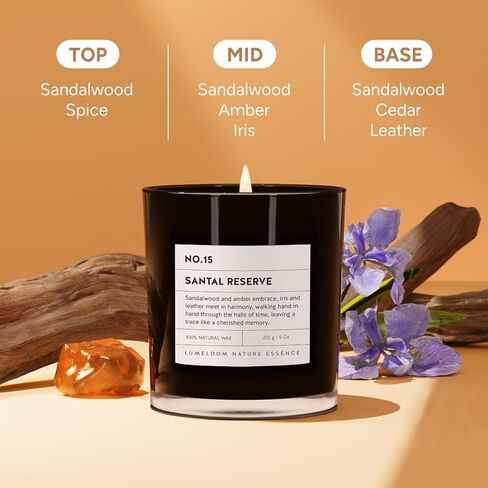 Santal Reserve Luxury Scented Candles, 9oz Soy Wax Candles for Home Scented, Sandalwood, Amber, Iris & Leather Scent, Long Burning Time, Gifts for Women, Men, Sister, Teacher in Kuwait