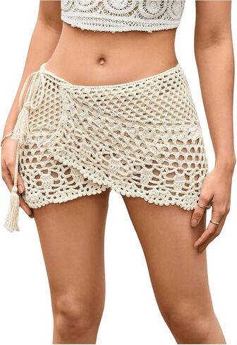 Shenhe Women's Hollow Out Crochet Wrap Skirt Scalloped Sexy Boho Mini Skirt in Kuwait