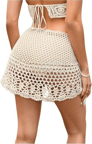 Shenhe Women's Hollow Out Crochet Wrap Skirt Scalloped Sexy Boho Mini Skirt in Kuwait